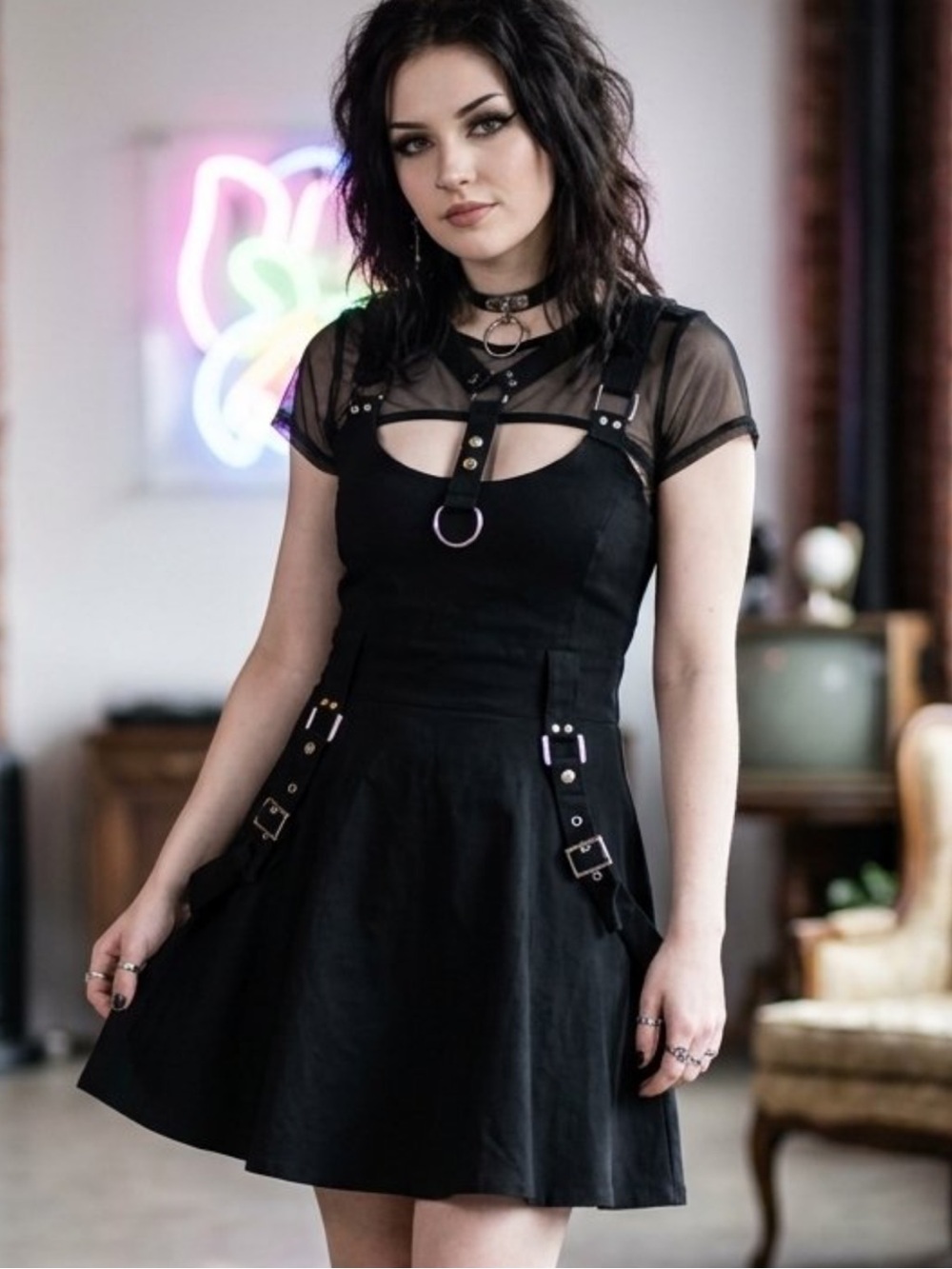 Killstar Black Harness Skater Dress with Mesh Yoke
